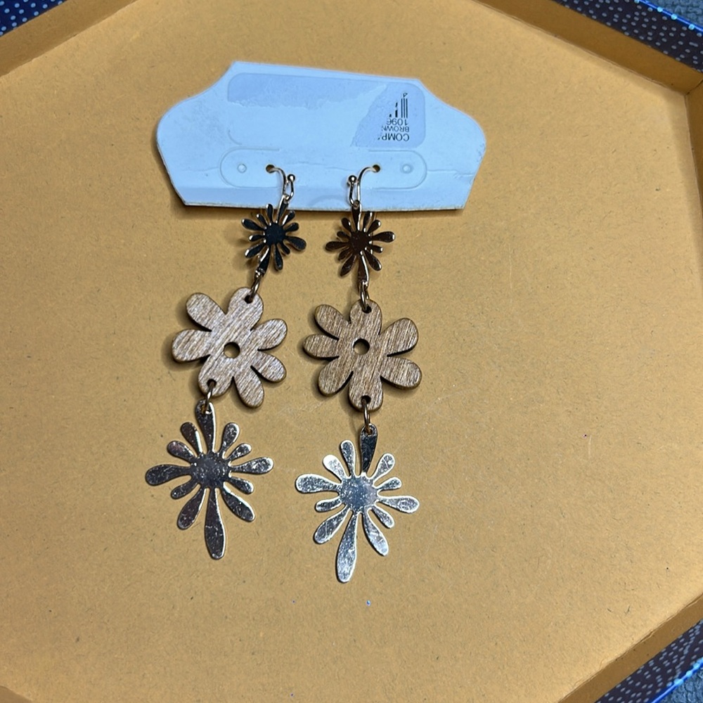 Charming Floral Gold Wooden and Silver Dangle Earrings